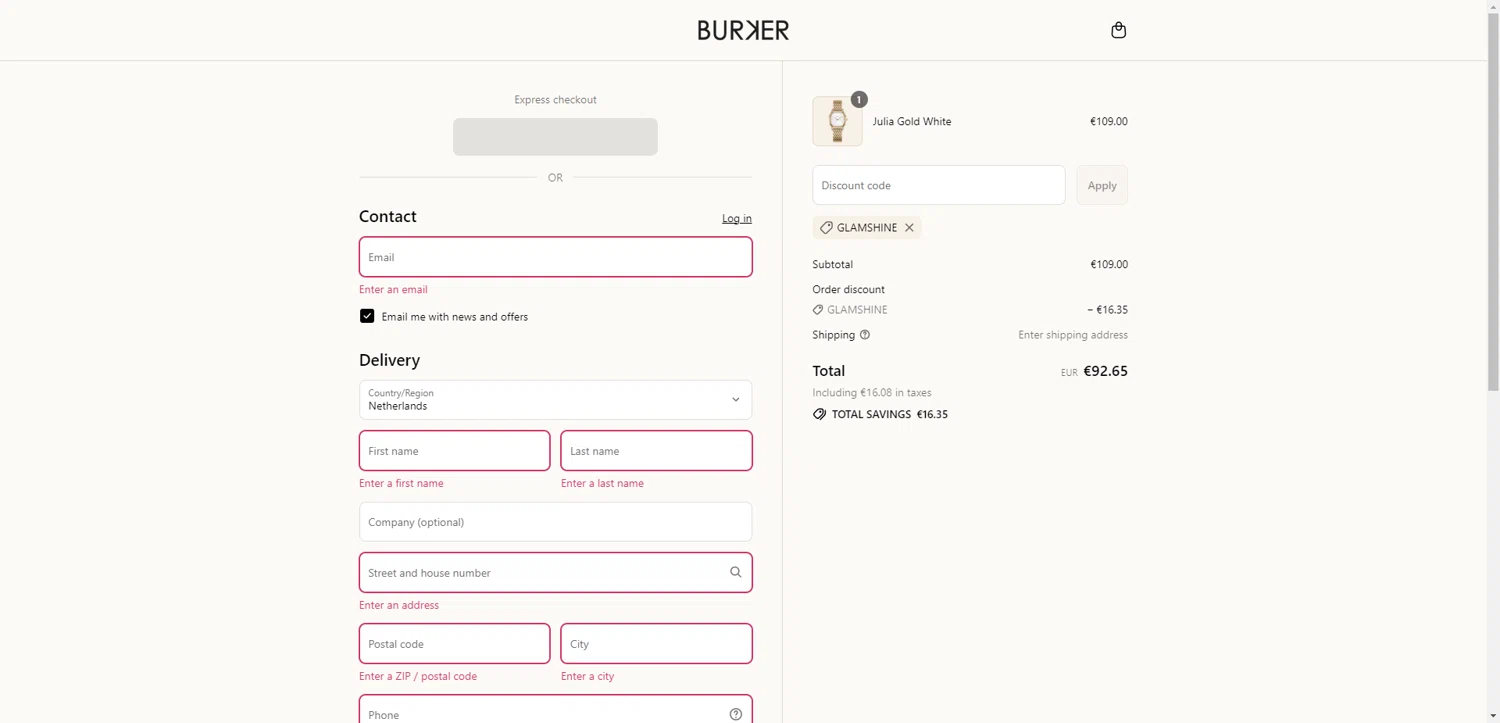 Burker discount code screenshot showing code GLAMSHINE applied at Burker checkout page. Uploaded by SimplyCodes community member SilverChaser3269 on Jul 27, 2025