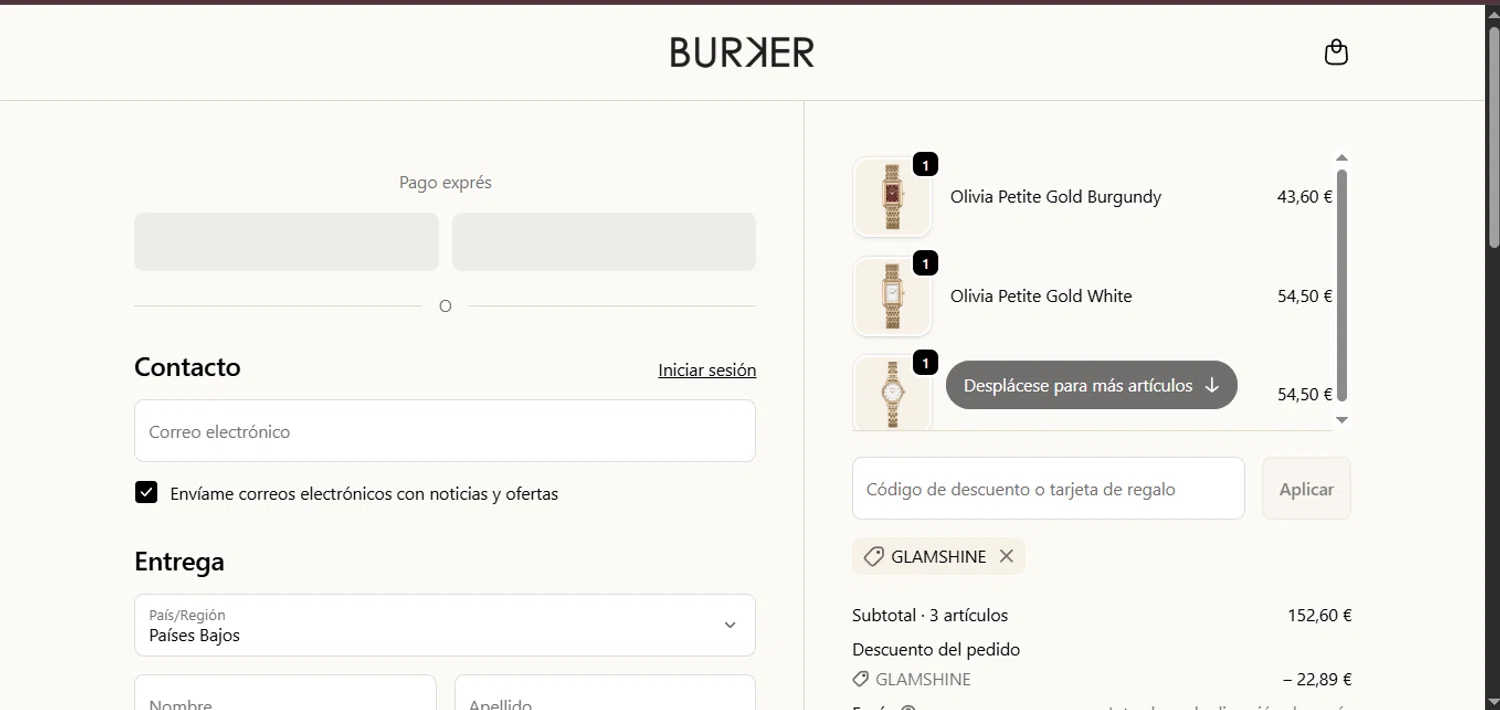Burker discount code screenshot showing code GLAMSHINE applied at Burker checkout page. Uploaded by SimplyCodes community member ValiantMaverick169 on Jan 29, 2026