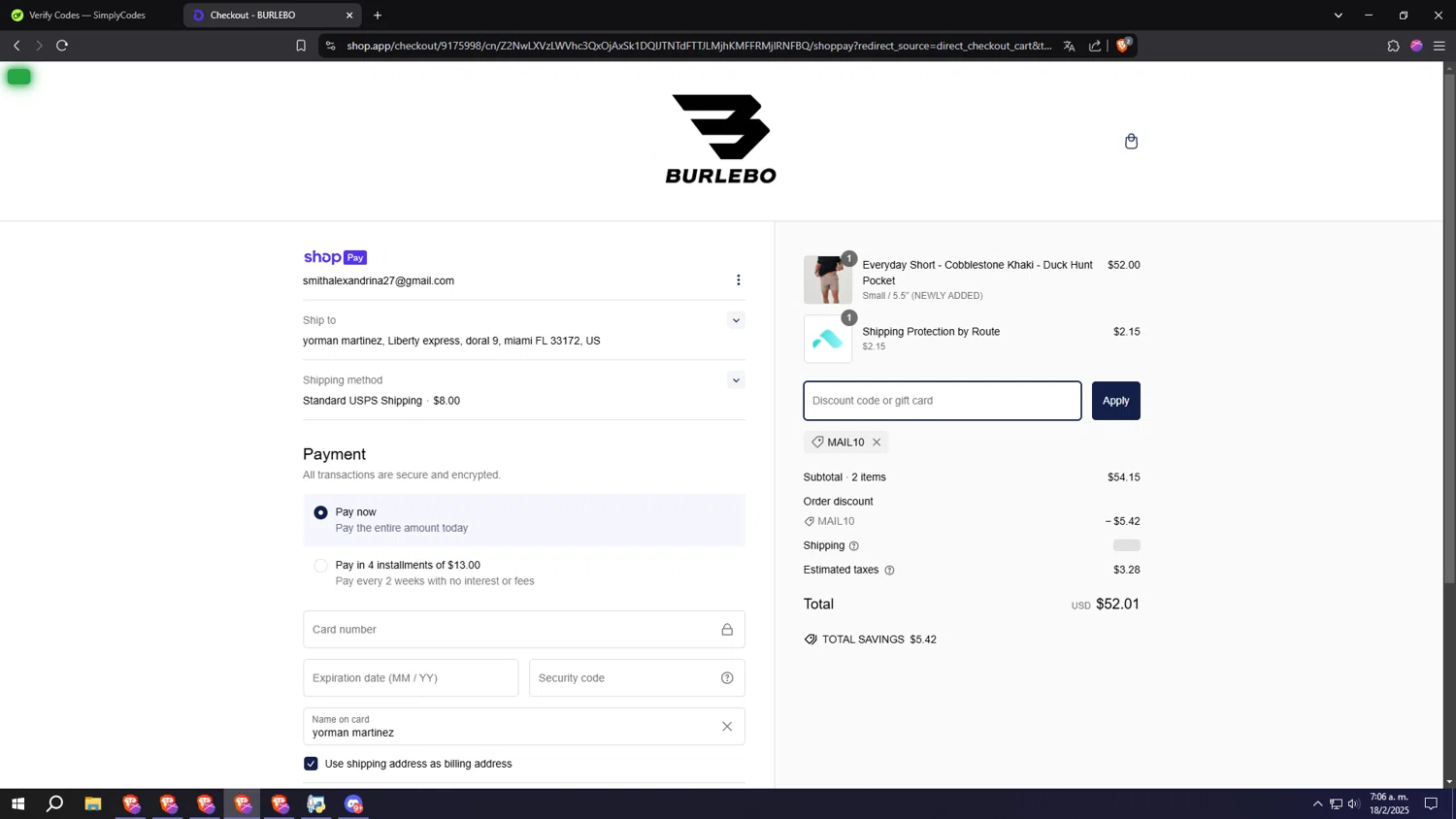 Burlebo discount code screenshot showing code MAIL10 applied at Burlebo checkout page. Uploaded by SimplyCodes community member SALCHICHA on Feb 18, 2025