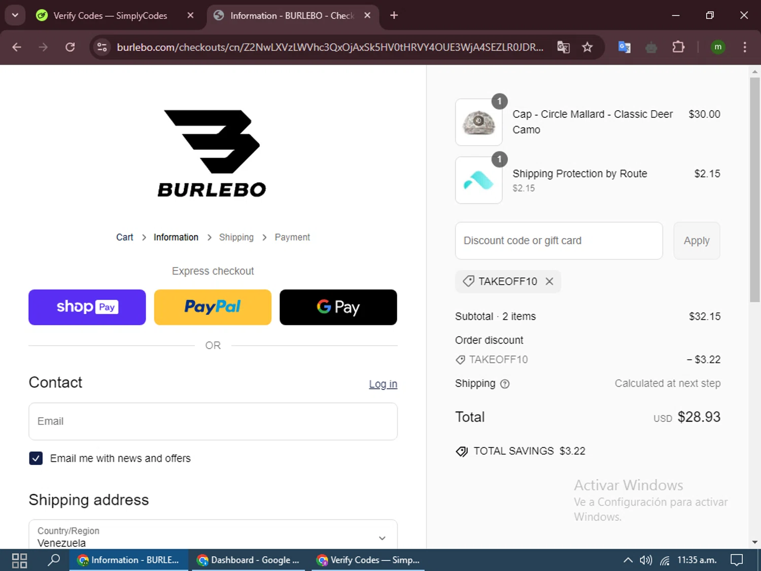 Burlebo discount code screenshot showing code TAKEOFF10 applied at Burlebo checkout page. Uploaded by SimplyCodes community member LuckyEagle8698 on Mar 4, 2025
