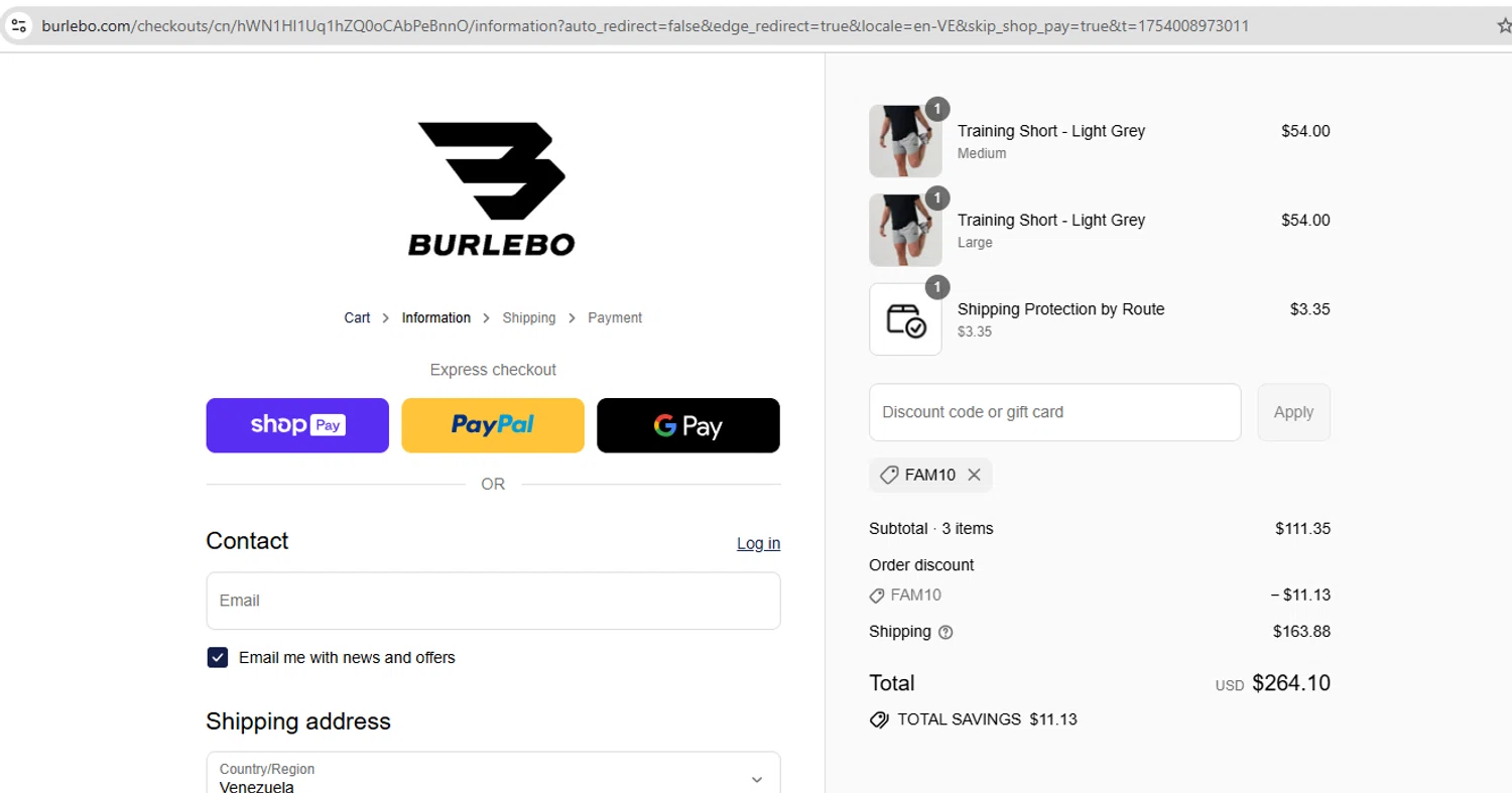 Burlebo discount code screenshot showing code FAM10 applied at Burlebo checkout page. Uploaded by SimplyCodes community member YHLQMDLGN on Aug 1, 2025