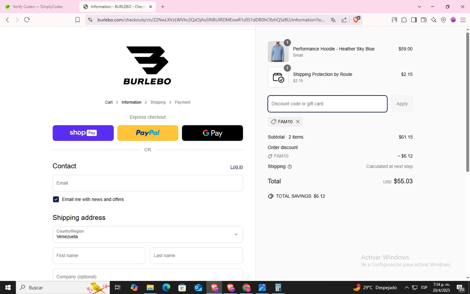Burlebo discount code screenshot showing code FAM10 applied at Burlebo checkout page. Uploaded by SimplyCodes community member CodeLynx5272 on Apr 20, 2025