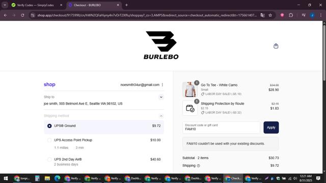 Burlebo checkout page showing Burlebo discount code box | Screenshot taken by SimplyCodes community member on Aug 31, 2025