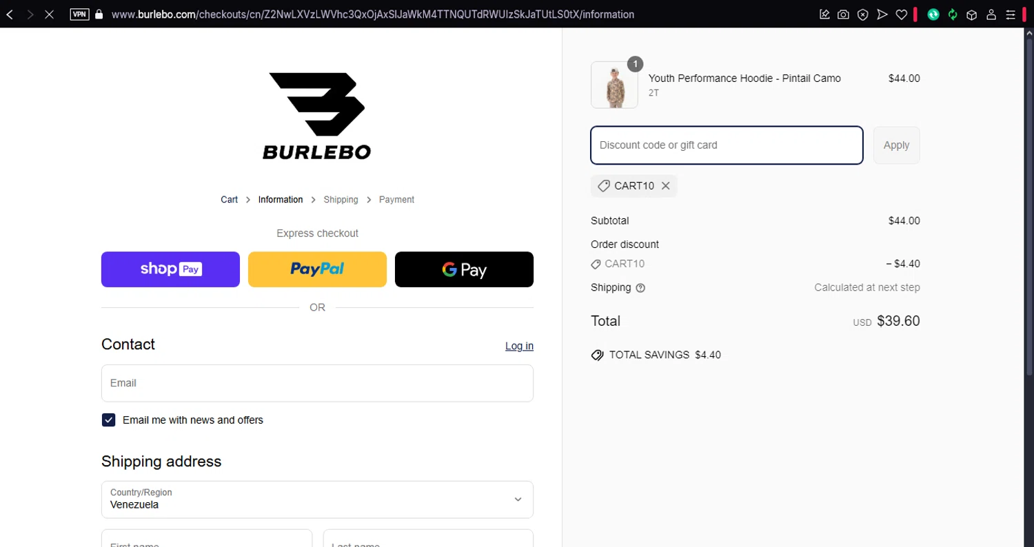 Burlebo discount code screenshot showing code CART10 applied at Burlebo checkout page. Uploaded by SimplyCodes community member dtavoplomeria on Apr 16, 2025