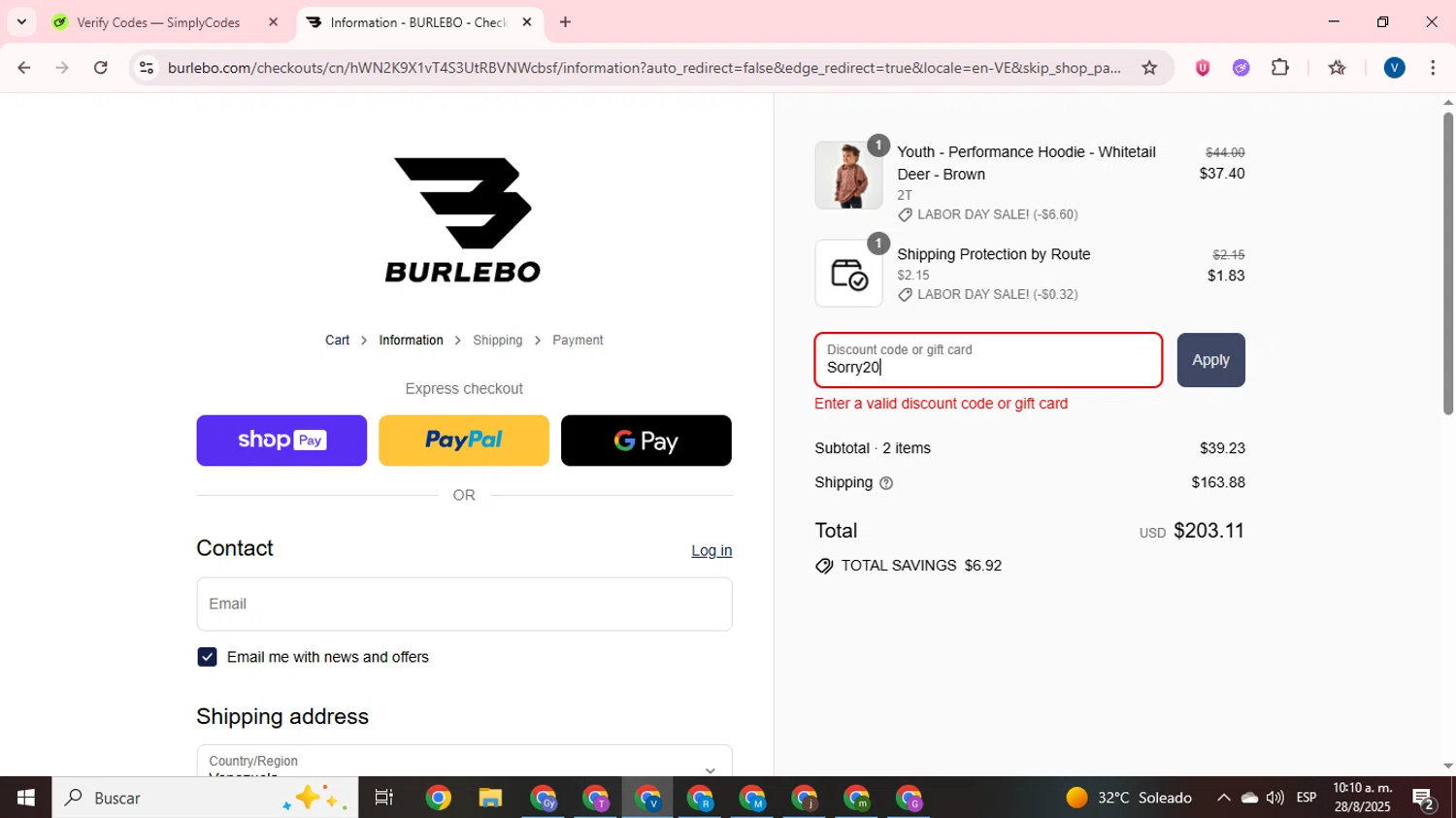 Burlebo discount code screenshot showing code Sorry20 applied at Burlebo checkout page. Uploaded by SimplyCodes community member CrownTitan5376 on Aug 28, 2025