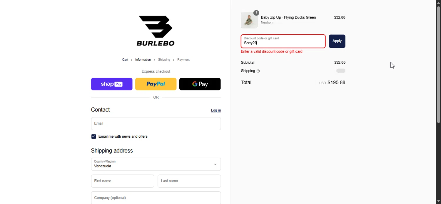 Burlebo discount code screenshot showing code Sorry20 applied at Burlebo checkout page. Uploaded by SimplyCodes community member Prospecto on Aug 4, 2025