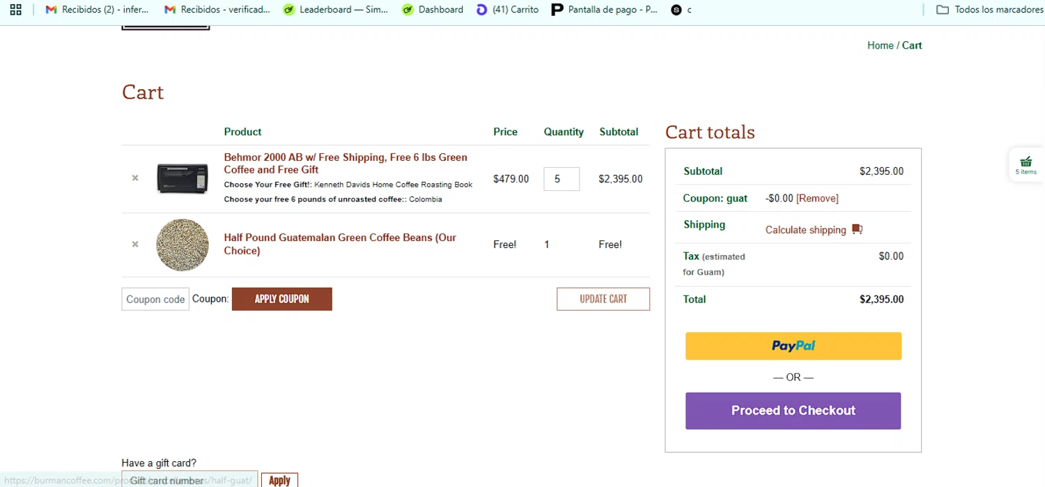 Burman Coffee coupon code screenshot showing code GUAT applied at Burman Coffee checkout page. Uploaded by SimplyCodes community member QuestSeeker7732 on Oct 18, 2025