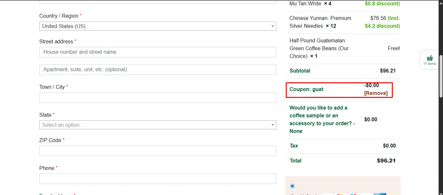Burman Coffee coupon code screenshot showing code GUAT applied at Burman Coffee checkout page. Uploaded by SimplyCodes community member noworries on Nov 16, 2025