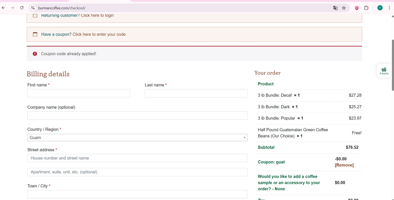 Burman Coffee checkout page showing Burman Coffee coupon code box | Screenshot taken by SimplyCodes community member on Jan 13, 2026
