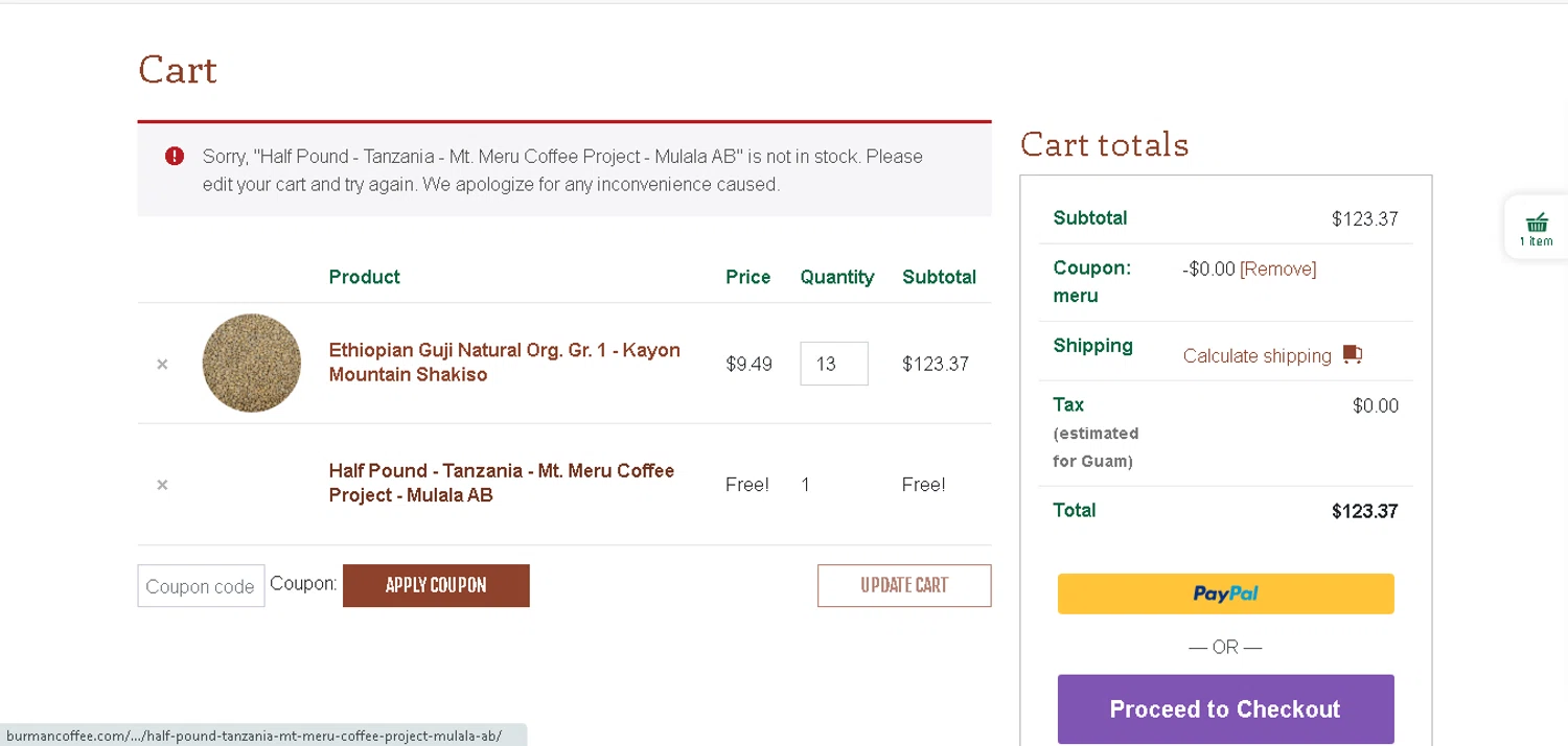Burman Coffee coupon code screenshot showing code MERU applied at Burman Coffee checkout page. Uploaded by SimplyCodes community member xHRxUltrax on Jun 11, 2025