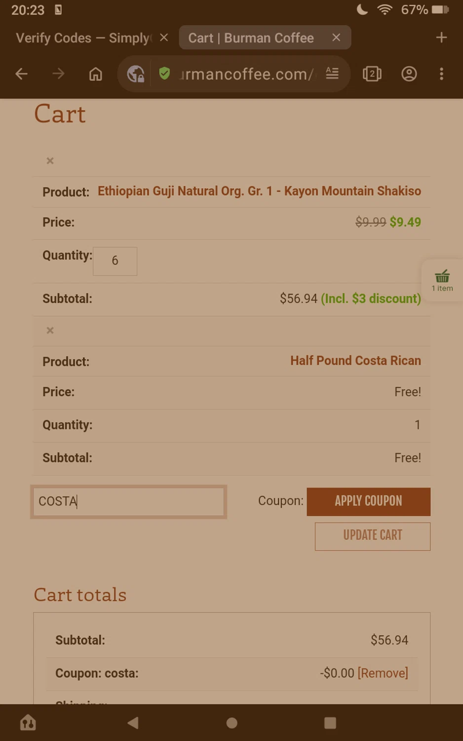 Burman Coffee coupon code screenshot showing code COSTA applied at Burman Coffee checkout page. Uploaded by SimplyCodes community member Olivatle on Jun 25, 2025