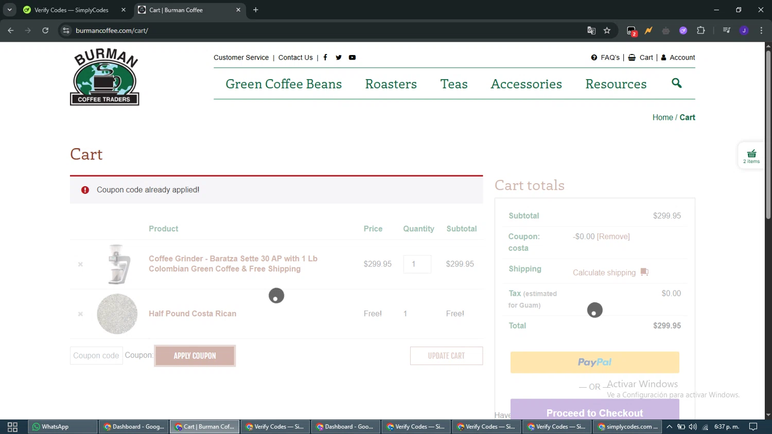Burman Coffee coupon code screenshot showing code COSTA applied at Burman Coffee checkout page. Uploaded by SimplyCodes community member WiseMaven9968 on May 20, 2025