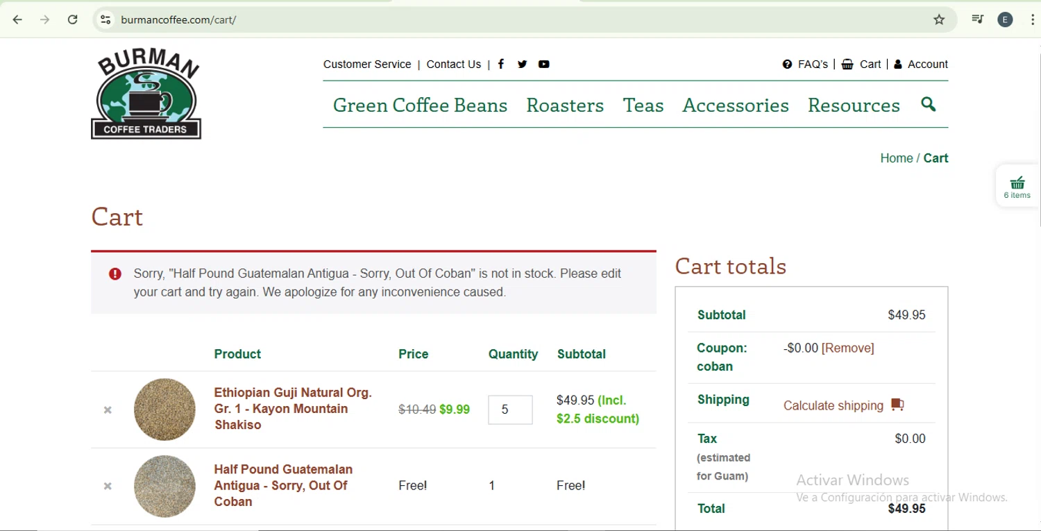 Burman Coffee coupon code screenshot showing code COBAN applied at Burman Coffee checkout page. Uploaded by SimplyCodes community member SilverKnight4465 on Nov 2, 2025