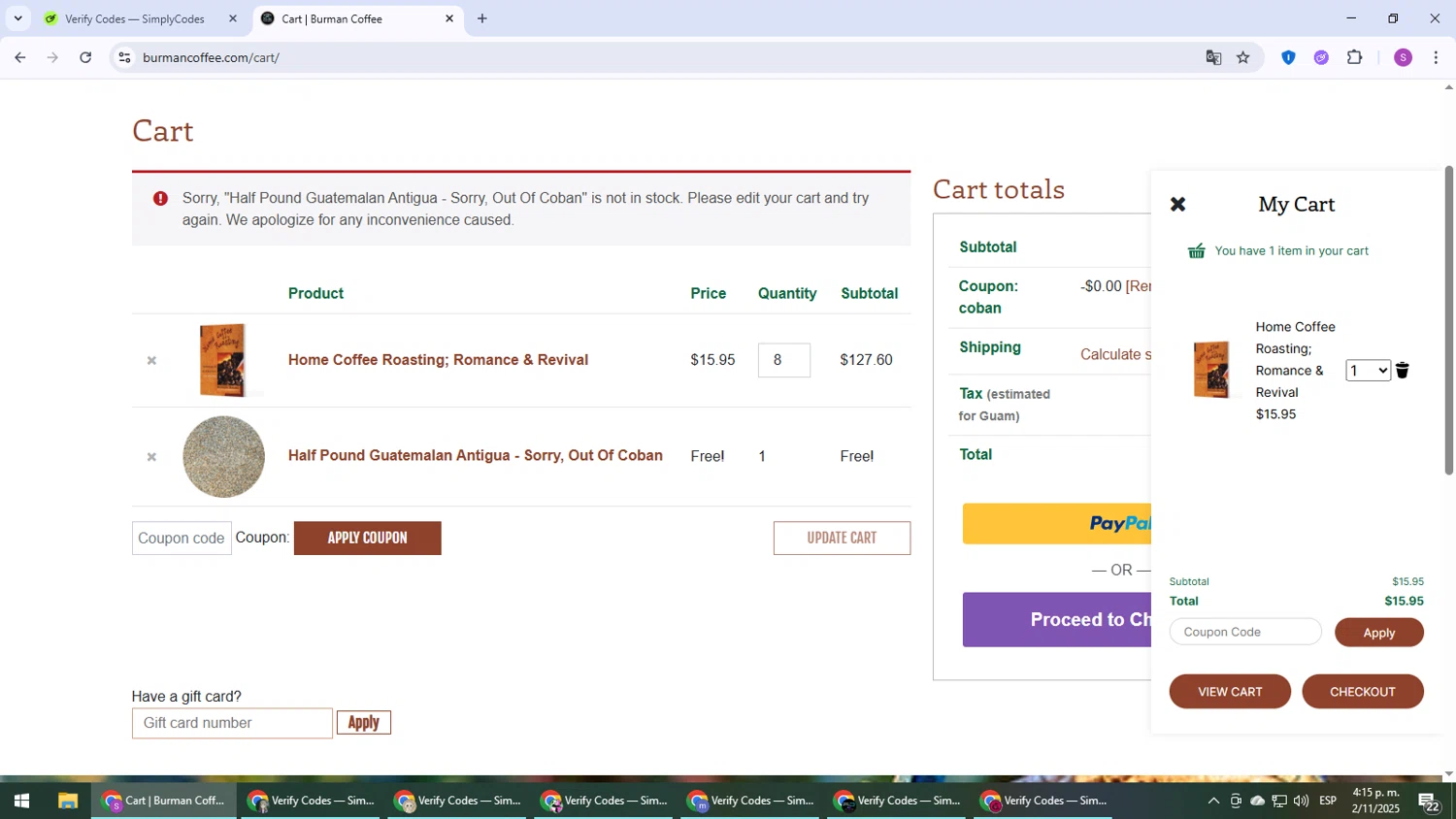 Burman Coffee coupon code screenshot showing code COBAN applied at Burman Coffee checkout page. Uploaded by SimplyCodes community member Son_Goku on Nov 2, 2025