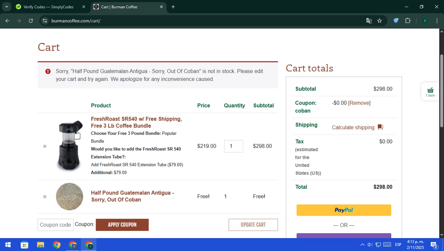 Burman Coffee coupon code screenshot showing code COBAN applied at Burman Coffee checkout page. Uploaded by SimplyCodes community member rodri1 on Nov 2, 2025