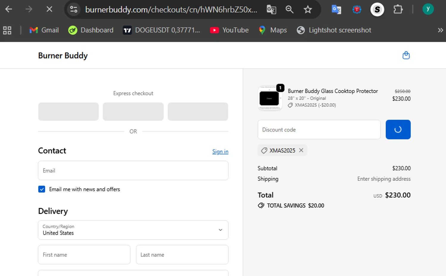 Burner Buddy promo code screenshot showing code XMAS2025 applied at Burner Buddy checkout page. Uploaded by SimplyCodes community member 502312 on Dec 22, 2025