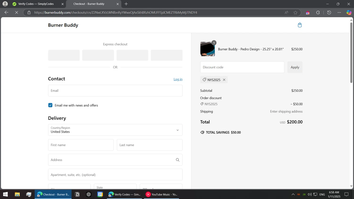 Burner Buddy checkout page showing Burner Buddy promo code box | Screenshot taken by SimplyCodes community member on Jan 11, 2025