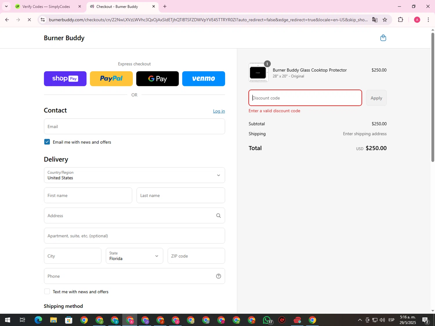 Burner Buddy promo code screenshot showing code MEMDAY2025 applied at Burner Buddy checkout page. Uploaded by SimplyCodes community member CrownHawk3462 on May 29, 2025