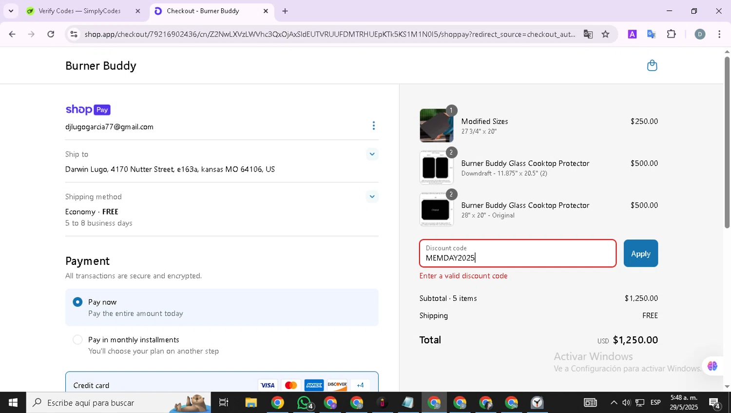 Burner Buddy promo code screenshot showing code MEMDAY2025 applied at Burner Buddy checkout page. Uploaded by SimplyCodes community member FortunatePioneer422 on May 29, 2025