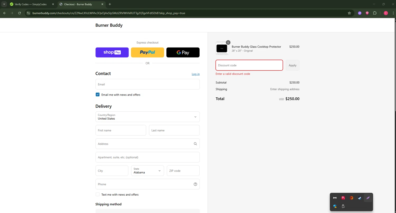 Burner Buddy promo code screenshot showing code JLY42025 applied at Burner Buddy checkout page. Uploaded by SimplyCodes community member CouponSage7331 on Jul 9, 2025