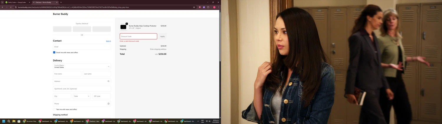 Burner Buddy promo code screenshot showing code BFCM2025 applied at Burner Buddy checkout page. Uploaded by SimplyCodes community member CouponSage7331 on Dec 4, 2025