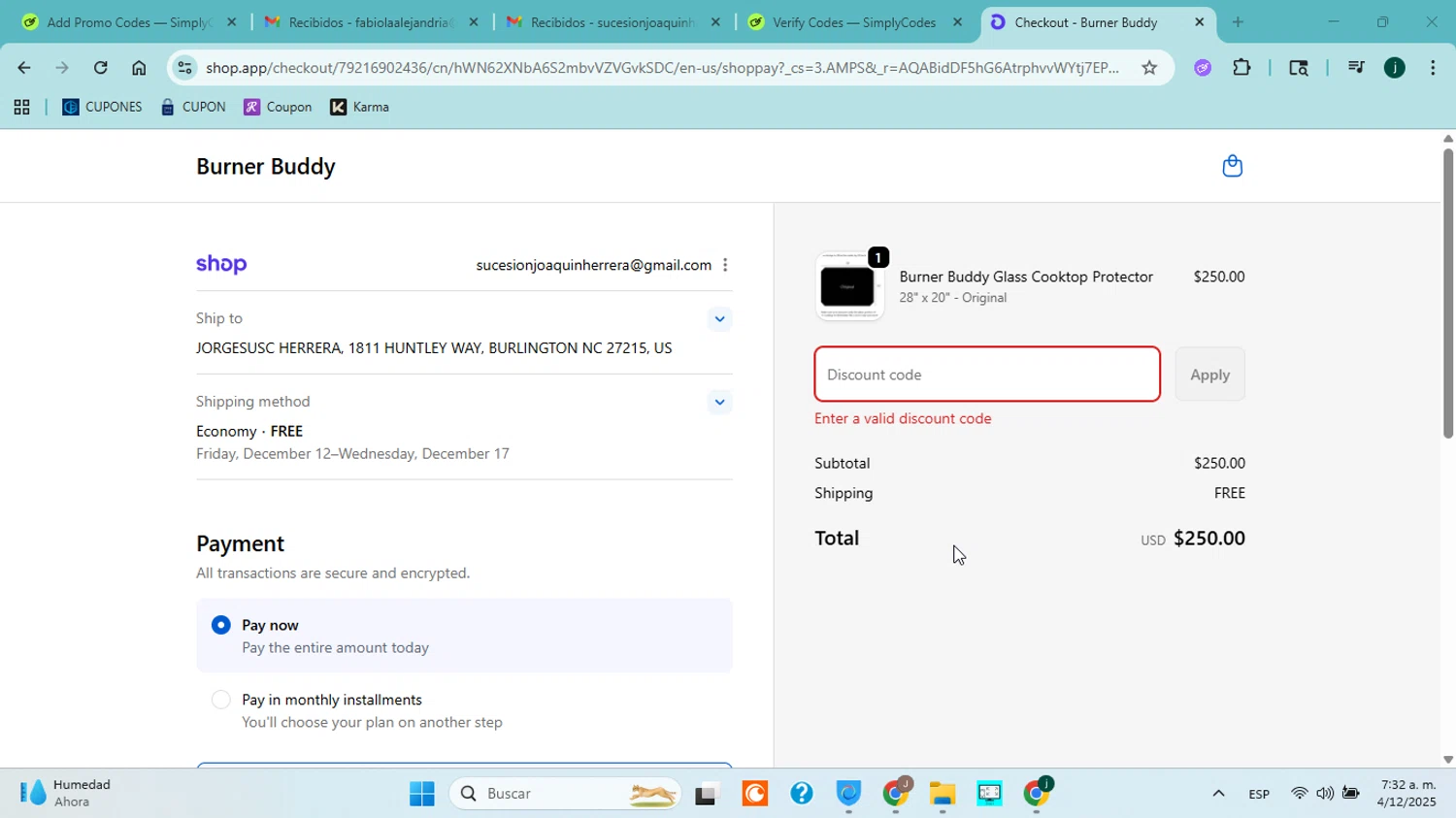 Burner Buddy promo code screenshot showing code BFCM2025 applied at Burner Buddy checkout page. Uploaded by SimplyCodes community member jorgejavierherrera on Dec 4, 2025