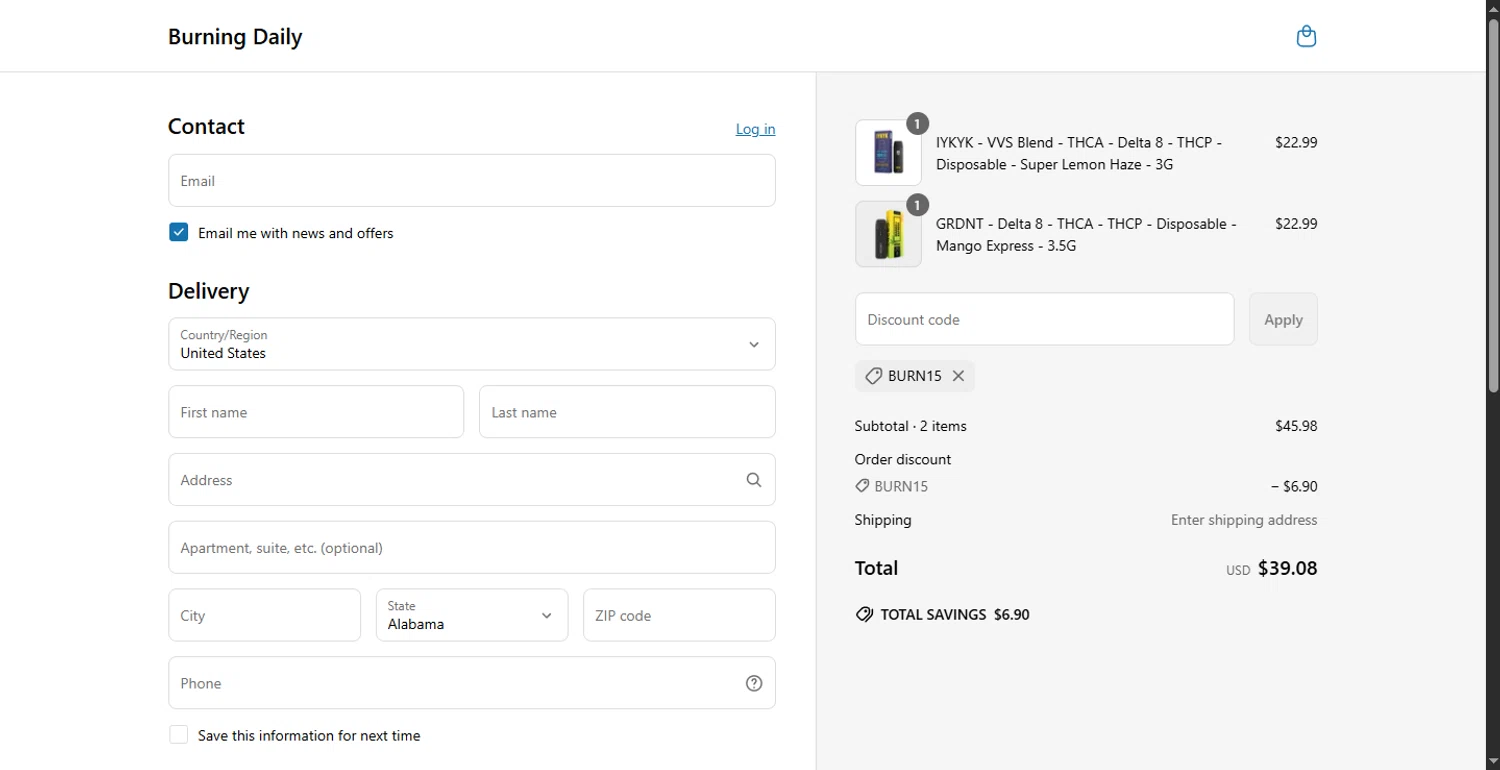 Burning Daily discount code screenshot showing code BURN15 applied at Burning Daily checkout page. Uploaded by SimplyCodes community member rapiddeals on May 4, 2025