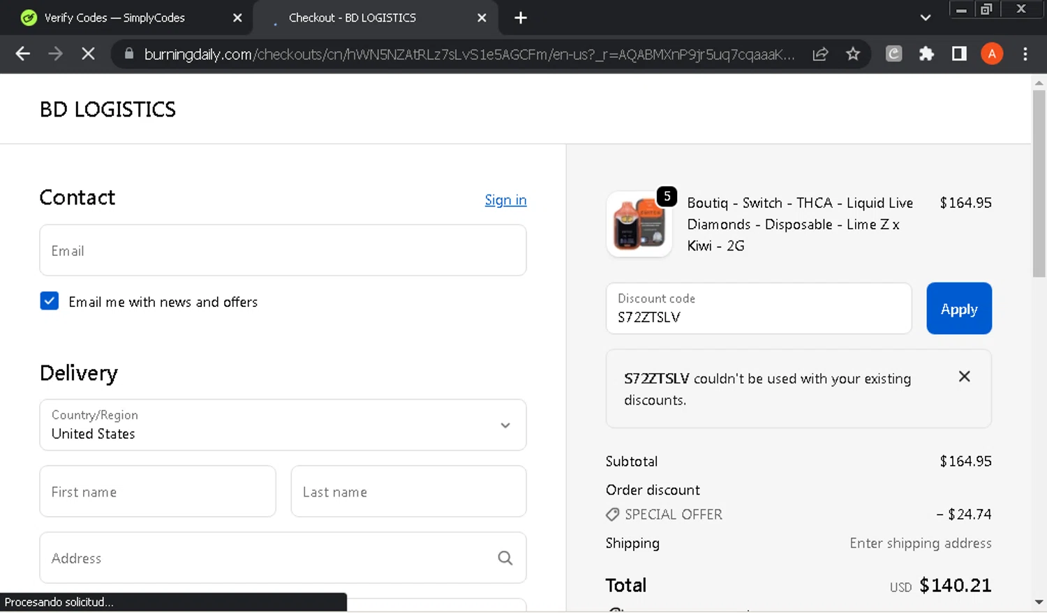 Burning Daily discount code screenshot showing code S72ZTSLV applied at Burning Daily checkout page. Uploaded by SimplyCodes community member GloriousOwl8819 on Nov 17, 2025