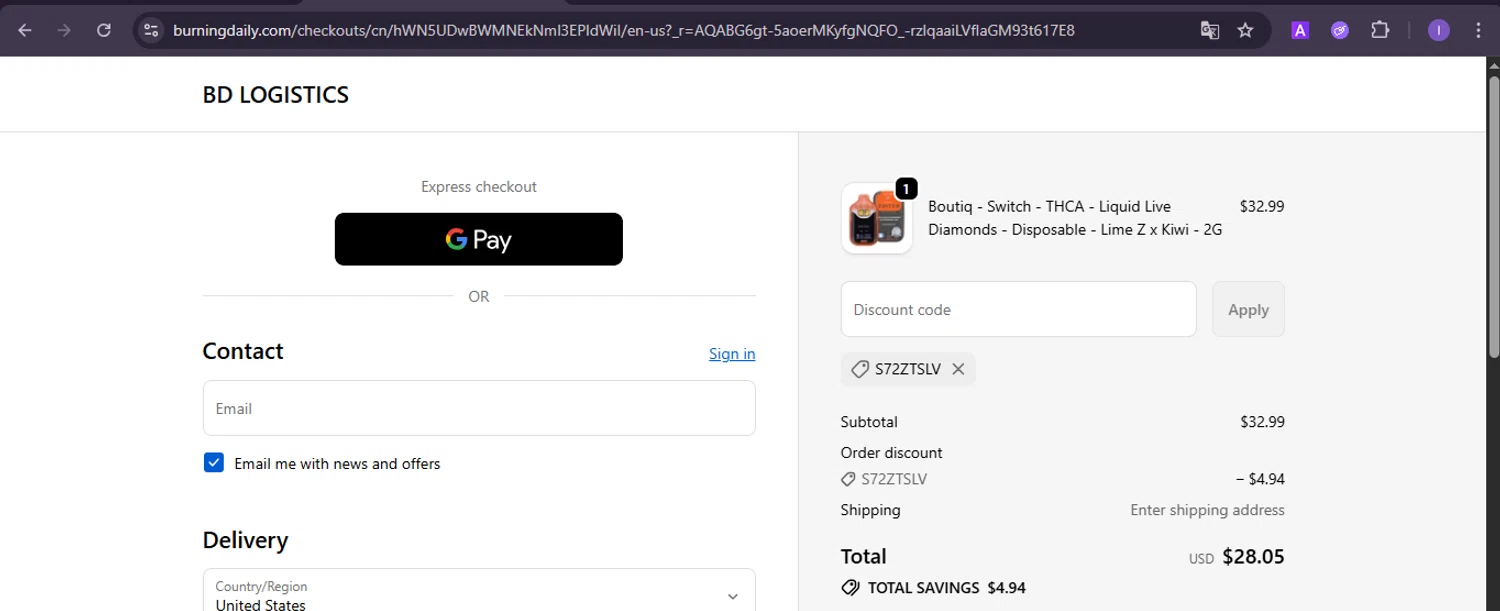Burning Daily discount code screenshot showing code S72ZTSLV applied at Burning Daily checkout page. Uploaded by SimplyCodes community member joineds on Nov 19, 2025