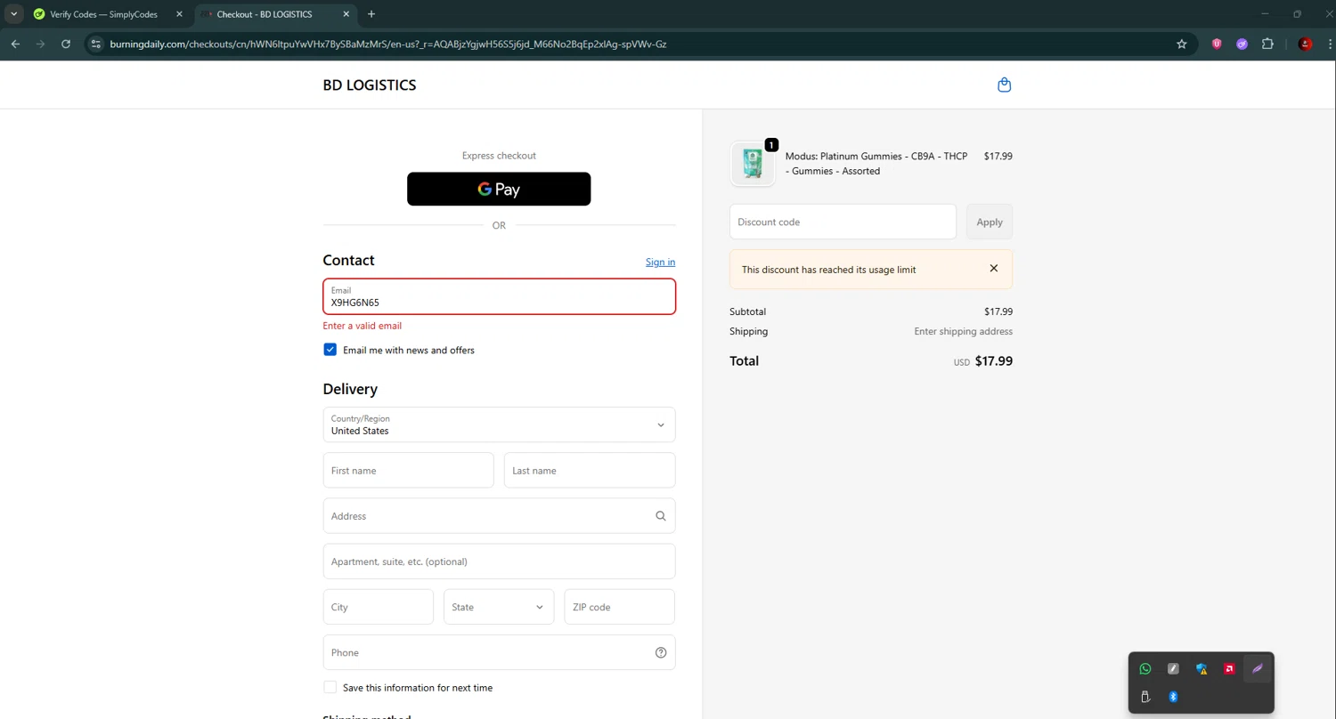 Burning Daily discount code screenshot showing code X9HG6N65 applied at Burning Daily checkout page. Uploaded by SimplyCodes community member BrilliantSaver7516 on Dec 23, 2025