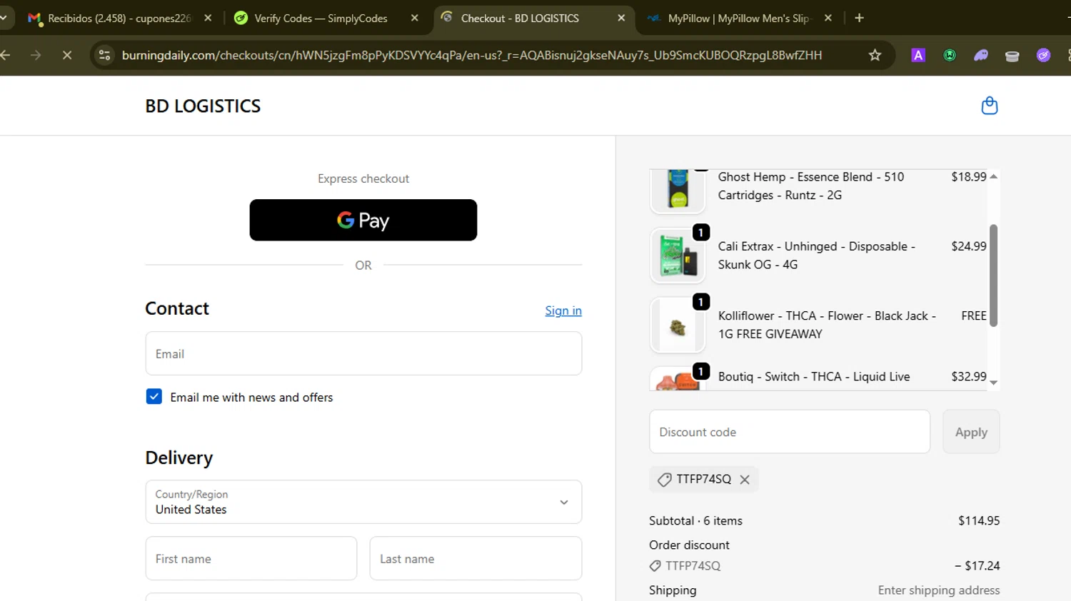 Burning Daily discount code screenshot showing code TTFP74SQ applied at Burning Daily checkout page. Uploaded by SimplyCodes community member SilverMonarch6357 on Nov 26, 2025
