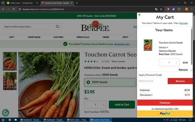 Burpee checkout page showing Burpee discount code box | Screenshot taken by SimplyCodes community member on Aug 17, 2025