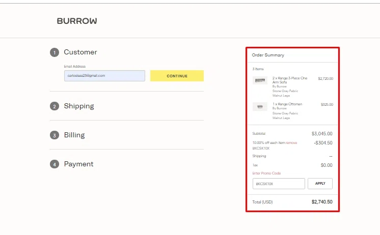 where to use Burrow promo code box