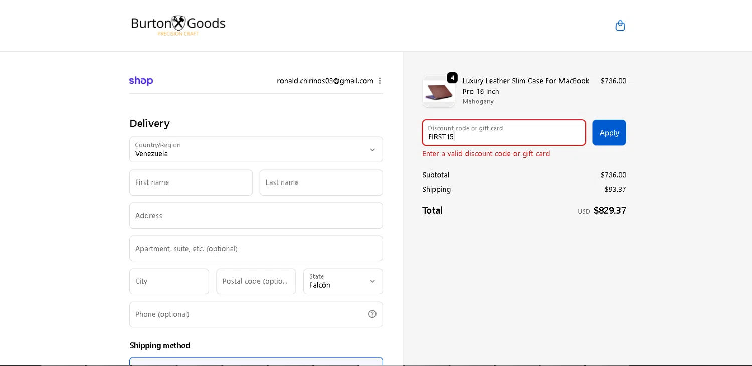 Burton Goods promo code screenshot showing code FIRST15 applied at Burton Goods checkout page. Uploaded by SimplyCodes community member SmartWhiz589 on Nov 27, 2025