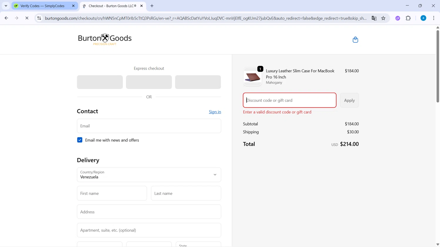 Burton Goods promo code screenshot showing code FIRST15 applied at Burton Goods checkout page. Uploaded by SimplyCodes community member WiseHawk9255 on Nov 27, 2025