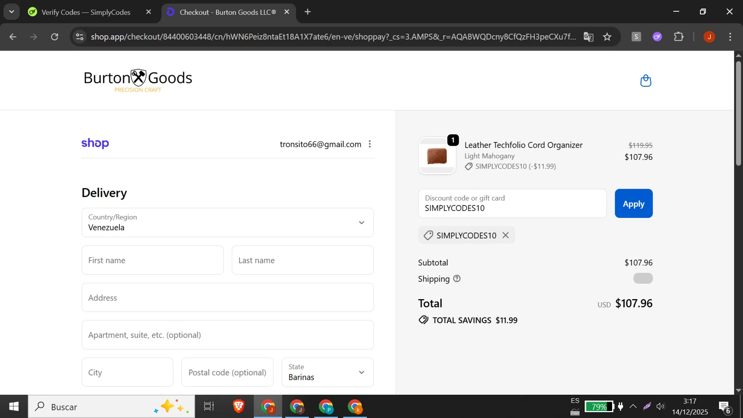 Burton Goods promo code screenshot showing code SIMPLYCODES10 applied at Burton Goods checkout page. Uploaded by SimplyCodes community member DORIANGEL on Dec 14, 2025