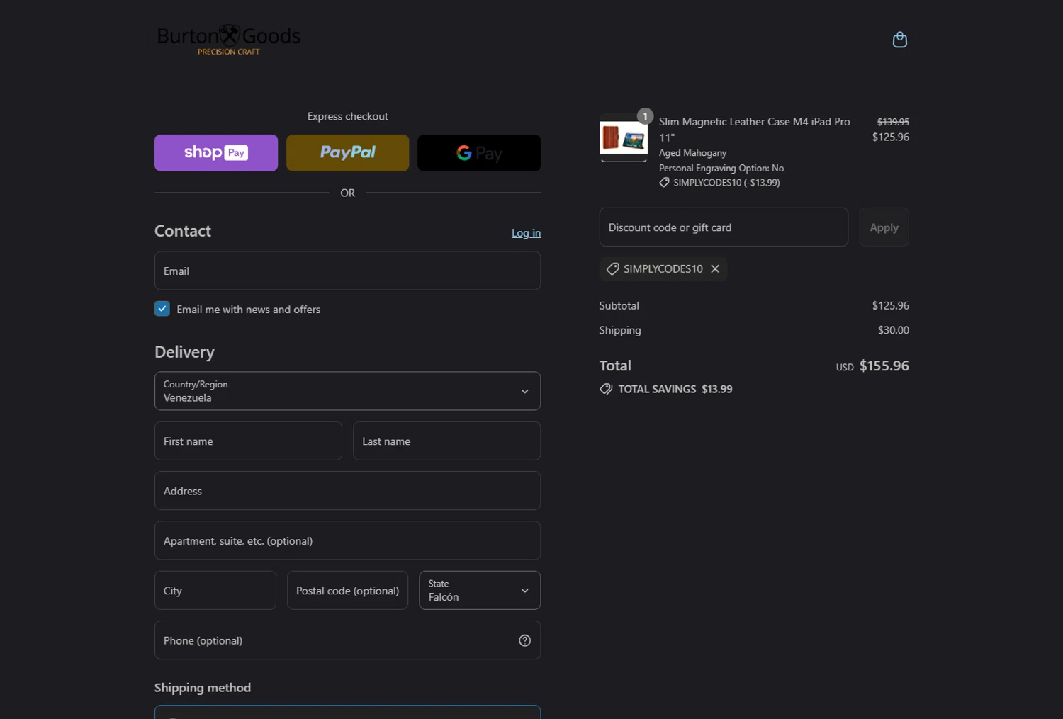 Burton Goods promo code screenshot showing code SIMPLYCODES10 applied at Burton Goods checkout page. Uploaded by SimplyCodes community member tony2702 on Jul 22, 2025