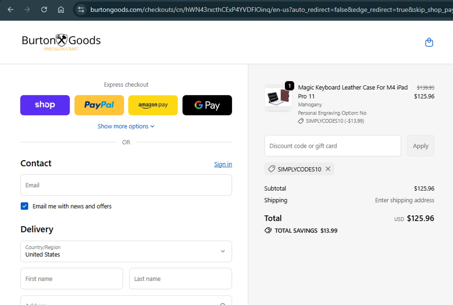 Burton Goods promo code screenshot showing code SIMPLYCODES10 applied at Burton Goods checkout page. Uploaded by SimplyCodes community member xAngel on Oct 13, 2025