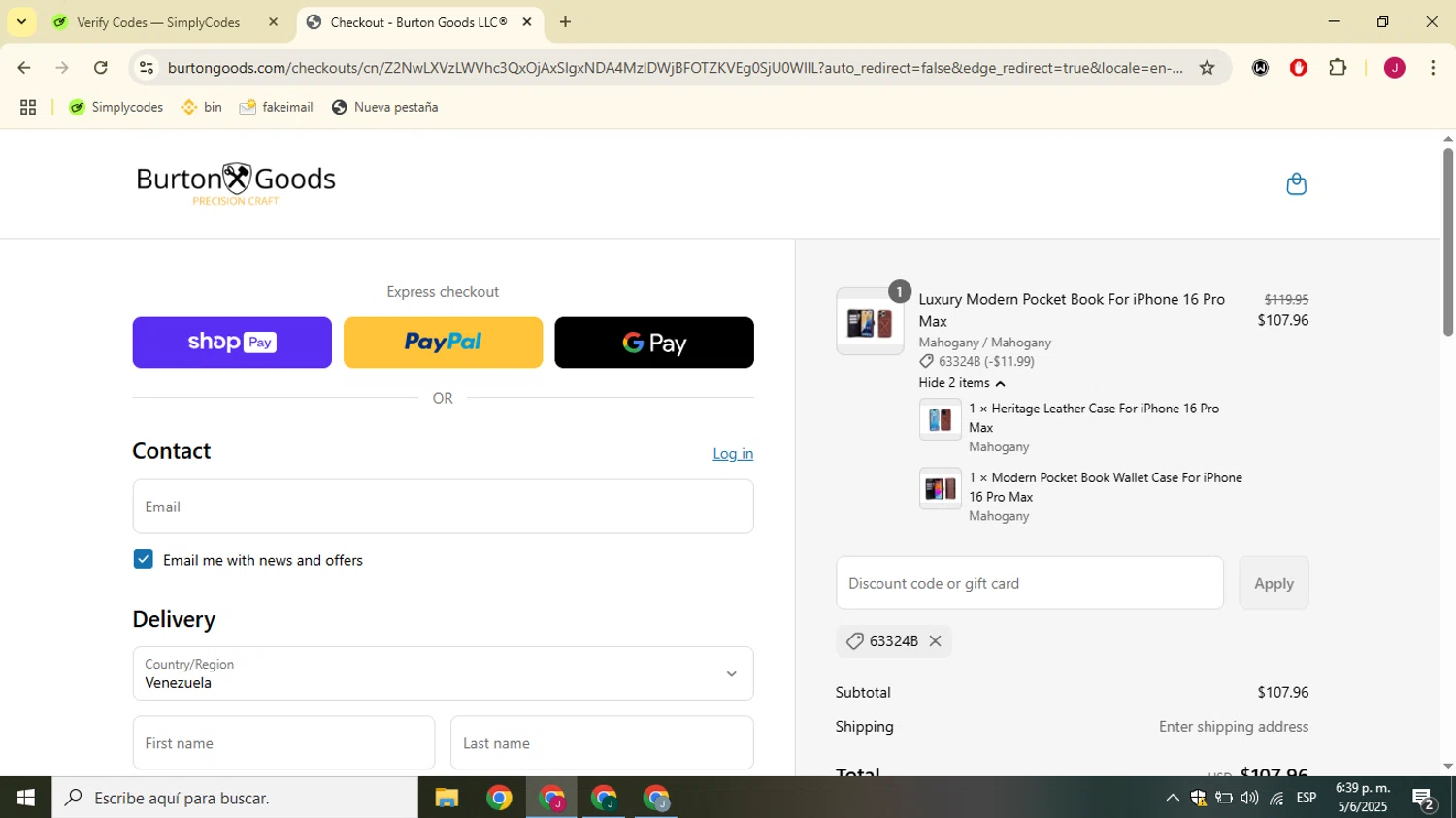 Burton Goods promo code screenshot showing code 63324B applied at Burton Goods checkout page. Uploaded by SimplyCodes community member SavvyChaser3144 on Jun 5, 2025
