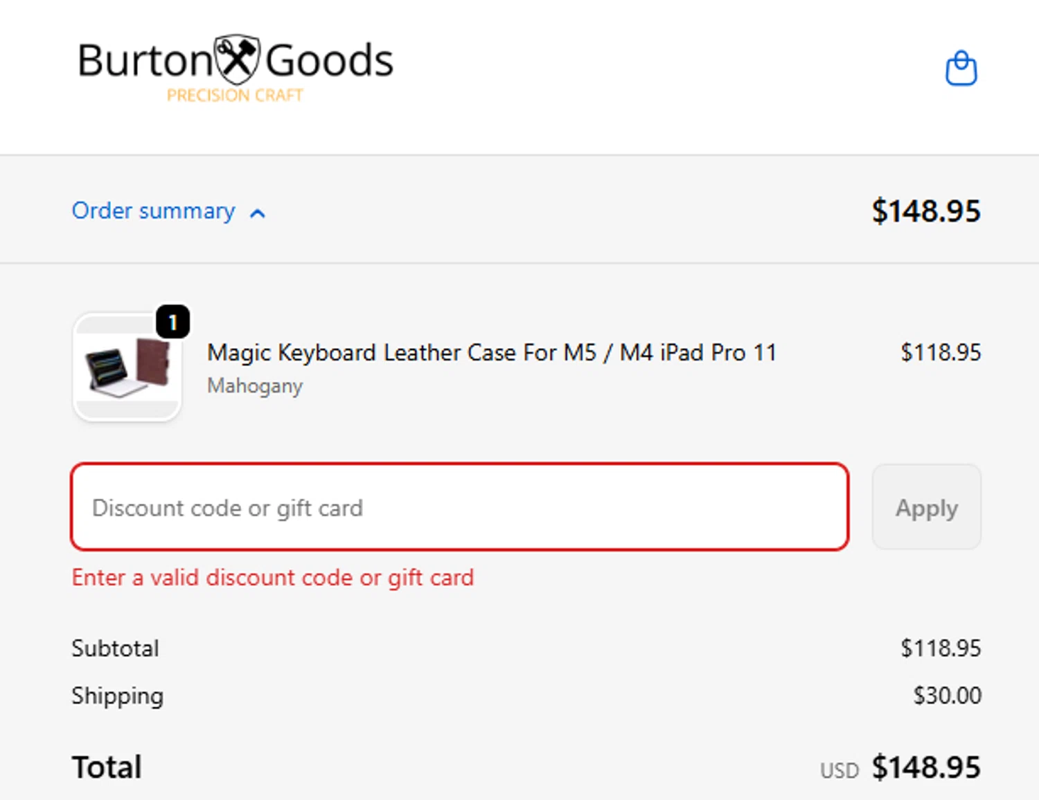 Burton Goods promo code screenshot showing code MVBZN8 applied at Burton Goods checkout page. Uploaded by SimplyCodes community member DealAce7643 on Nov 28, 2025