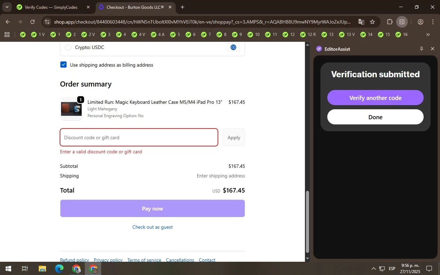 Burton Goods promo code screenshot showing code MVBZN8 applied at Burton Goods checkout page. Uploaded by SimplyCodes community member Locura on Nov 28, 2025