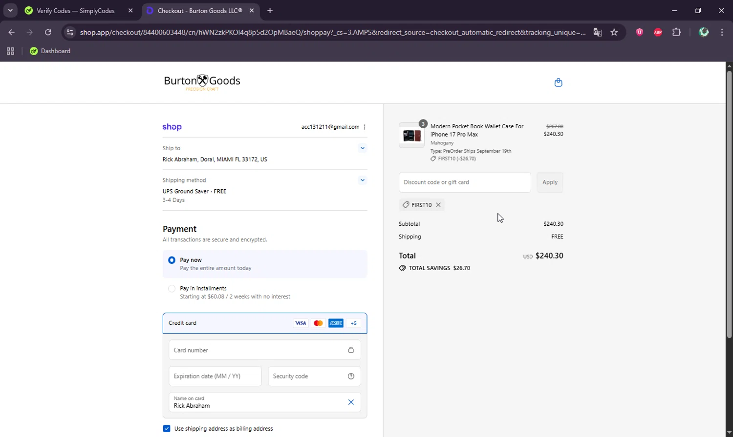 Burton Goods promo code screenshot showing code FIRST10 applied at Burton Goods checkout page. Uploaded by SimplyCodes community member BudgetWizard6950 on Sep 15, 2025