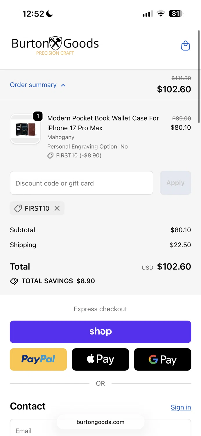 Burton Goods promo code screenshot showing code FIRST10 applied at Burton Goods checkout page. Uploaded by SimplyCodes community member MoneyScout2554 on Sep 23, 2025