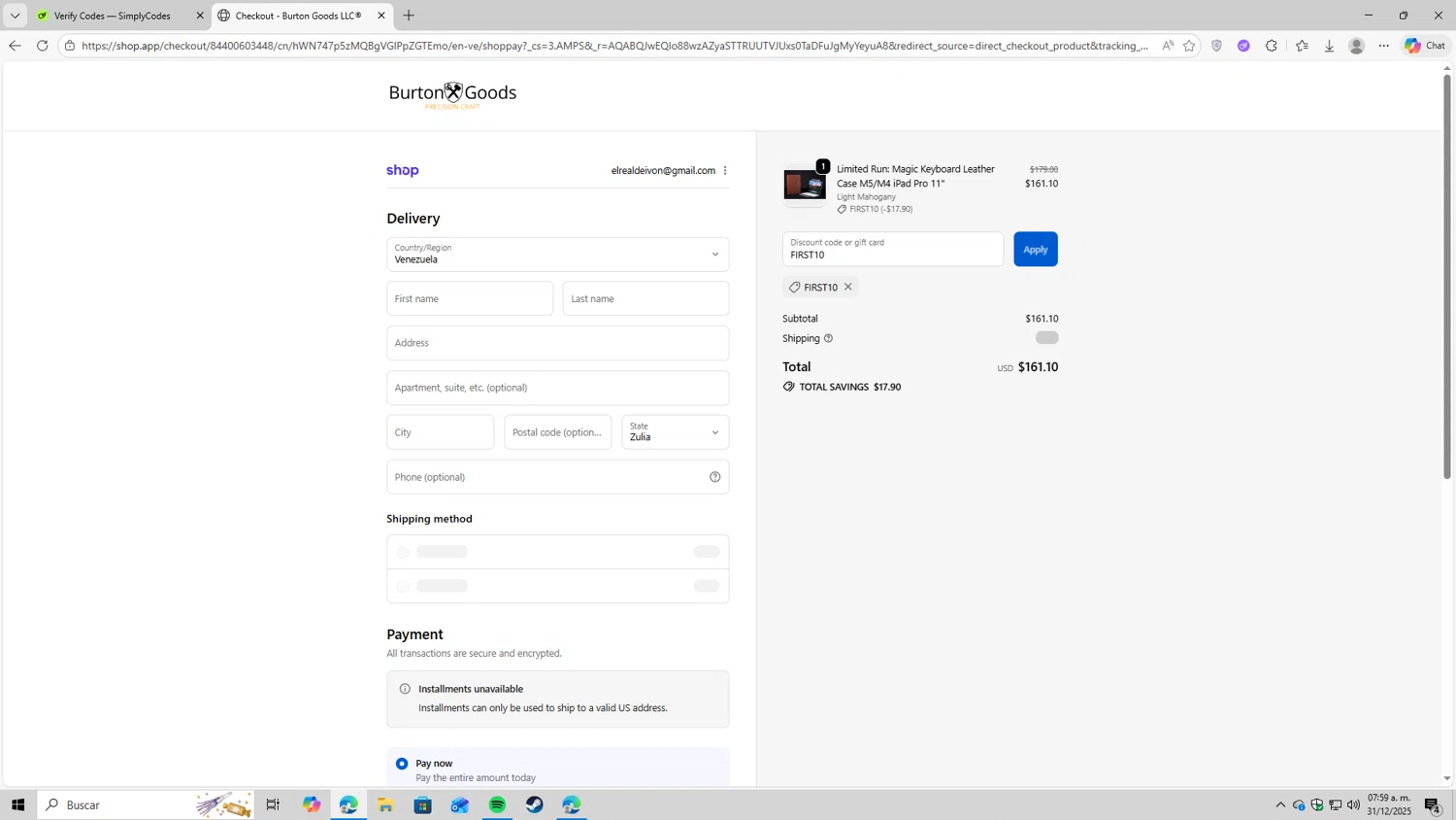 Burton Goods checkout page showing Burton Goods promo code box | Screenshot taken by SimplyCodes community member on Dec 31, 2025