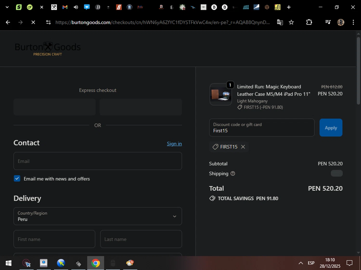 Burton Goods promo code screenshot showing code First15 applied at Burton Goods checkout page. Uploaded by SimplyCodes community member MarcosAranguren on Dec 28, 2025