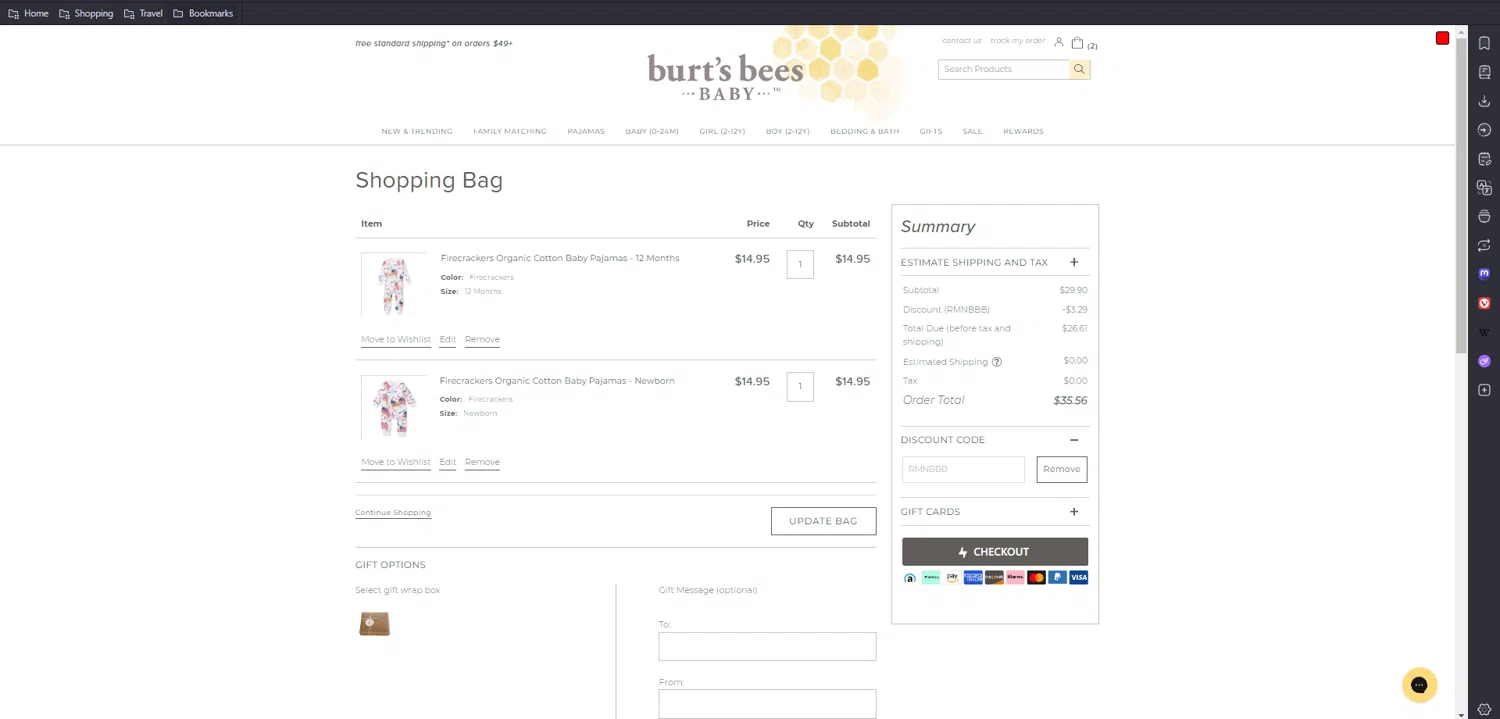 Burt's Bees Baby discount code screenshot showing code RMNBBB applied at Burt's Bees Baby checkout page. Uploaded by SimplyCodes community member kaiser2 on May 16, 2025