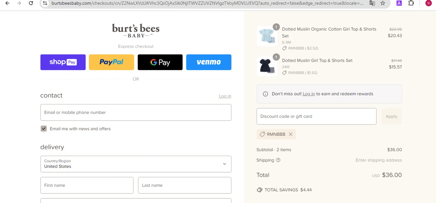 Burt's Bees Baby discount code screenshot showing code RMNBBB applied at Burt's Bees Baby checkout page. Uploaded by SimplyCodes community member CrownVirtuoso6975 on Jun 19, 2025