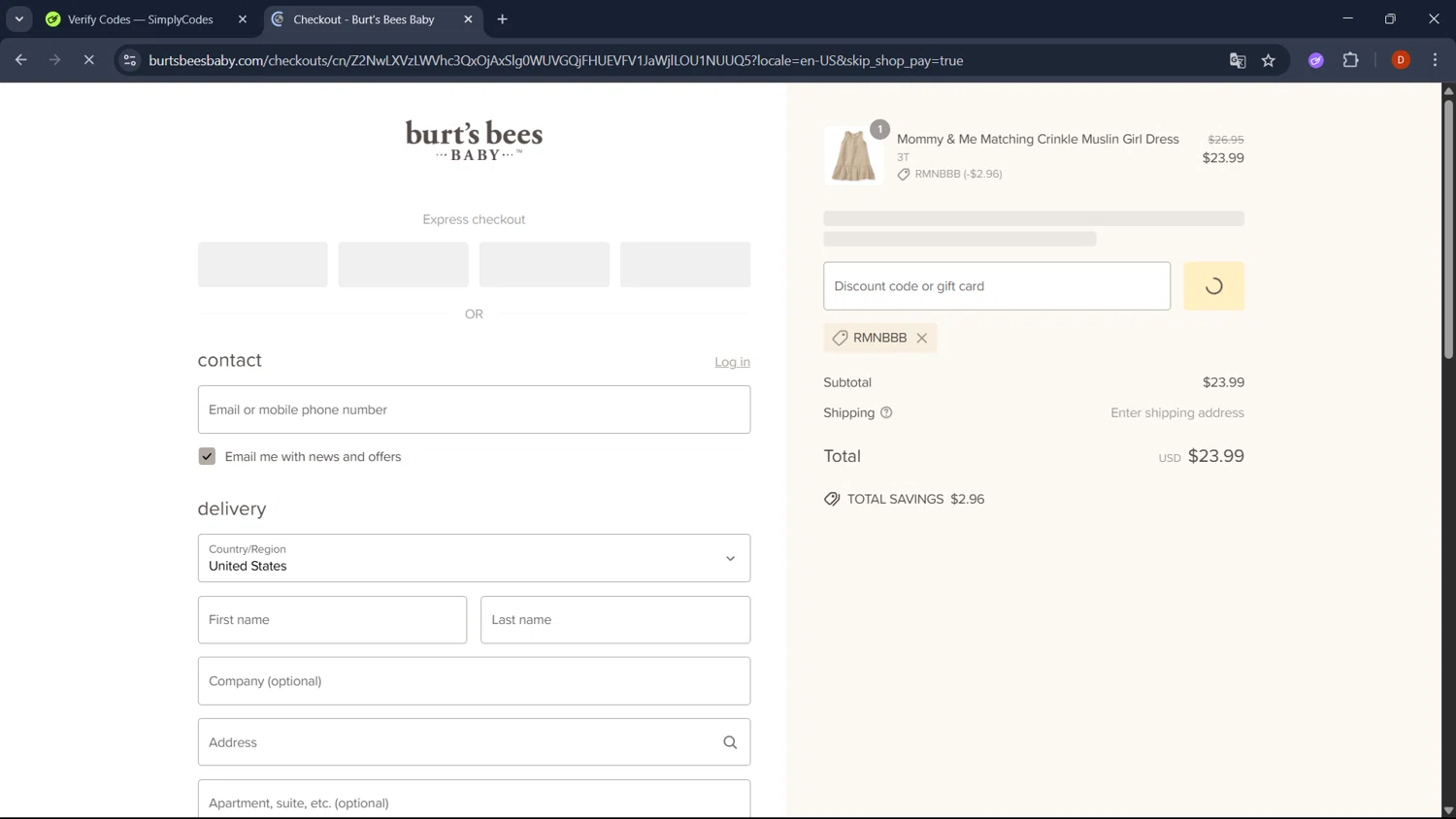 Burt's Bees Baby discount code screenshot showing code RMNBBB applied at Burt's Bees Baby checkout page. Uploaded by SimplyCodes community member RoyalSaver3150 on Jun 7, 2025