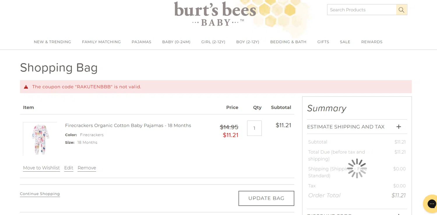 Burt's Bees Baby discount code screenshot showing code RAKUTENBBB applied at Burt's Bees Baby checkout page. Uploaded by SimplyCodes community member Lioniel on May 24, 2025