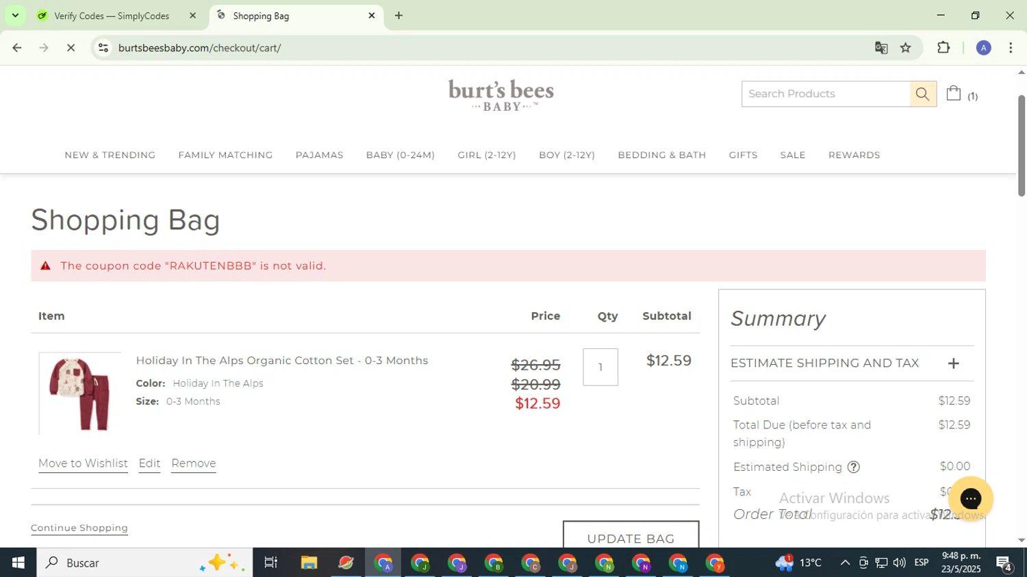 Burt's Bees Baby discount code screenshot showing code RAKUTENBBB applied at Burt's Bees Baby checkout page. Uploaded by SimplyCodes community member TreasureCaptain5531 on May 24, 2025